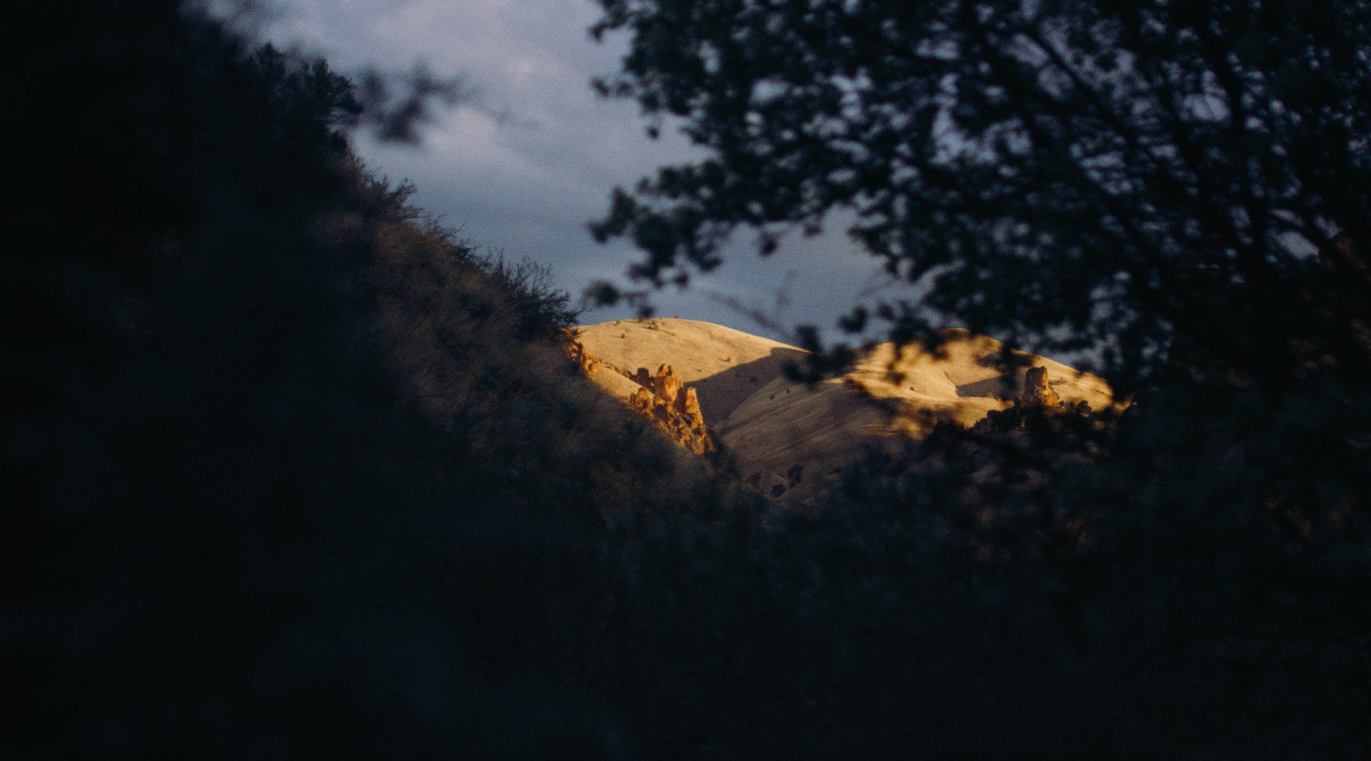 Two people wearing Roam trail running shoes jog on a dirt road, framed by scenic mountain views.
