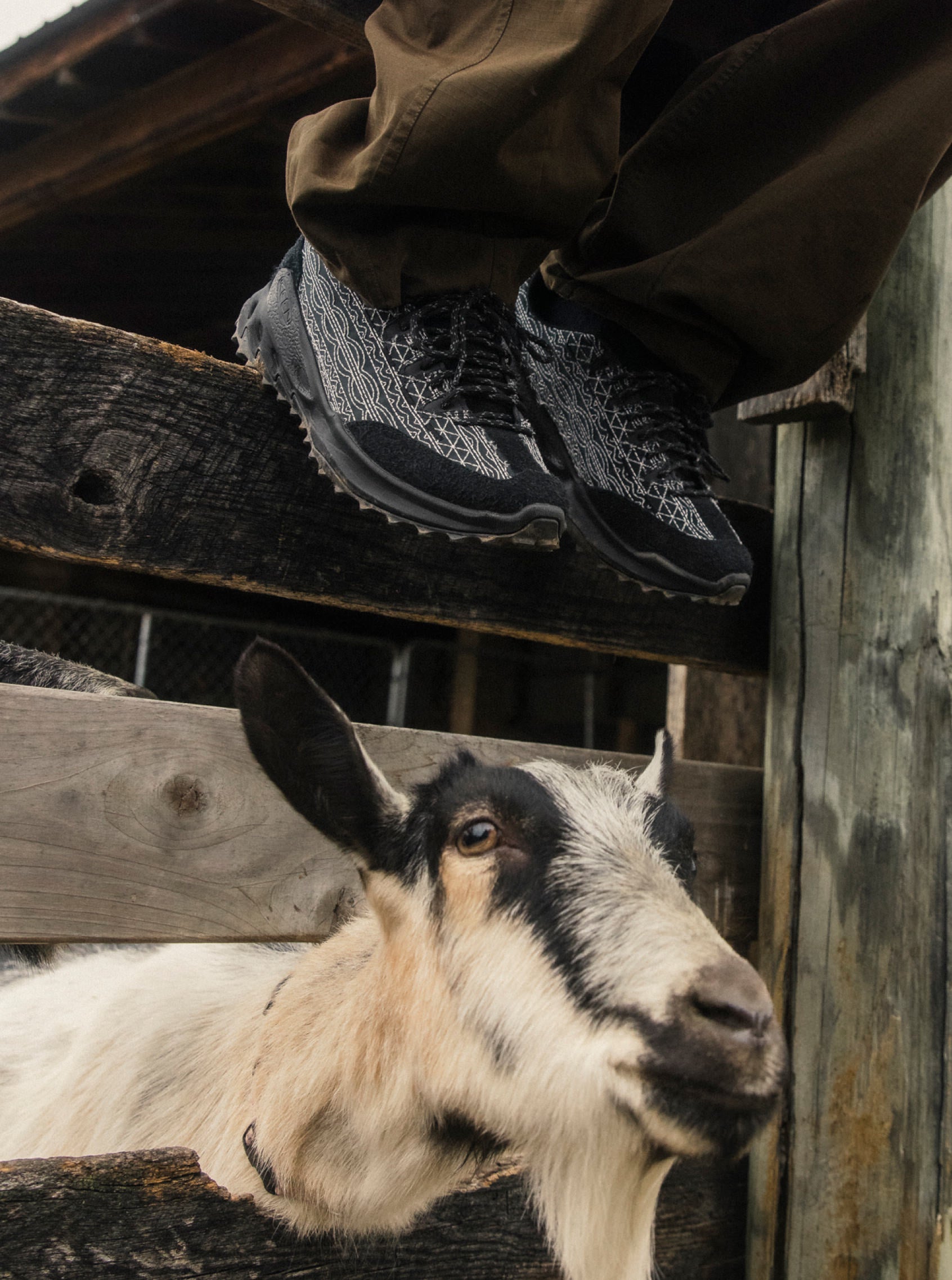 A man sitting on a farm fence with a goat while wearing the Eighteen East collaboration Jasper Zionic sneakers in black featuring a white geometric print. 