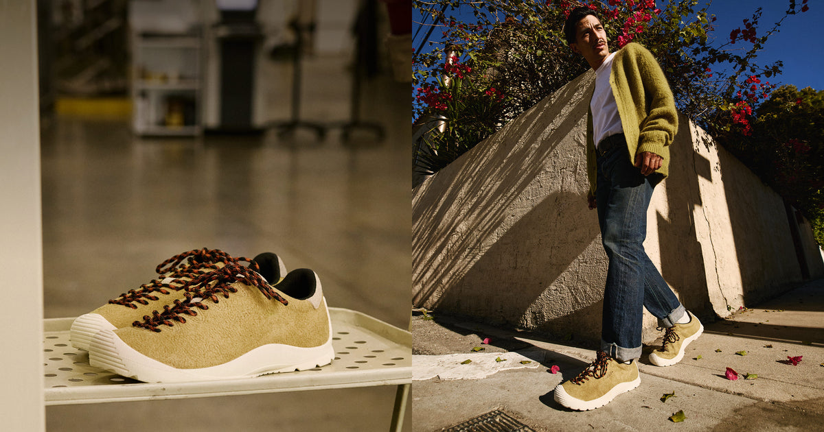 Two side by side photos. One of a pair of Jasper Merko Sneakers in tan leather with red and black laces posed in the KEEN factory, and the other of a man wearing the sneakers on a neighborhood street.
