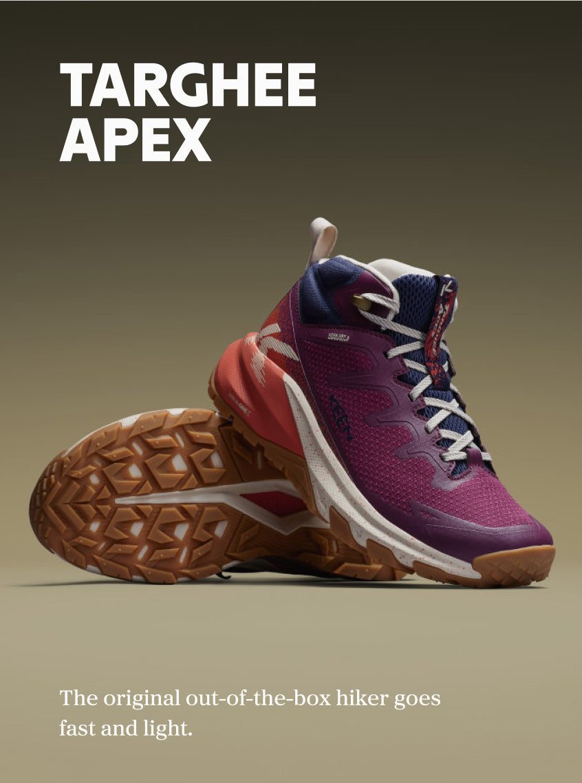  Product shot of Targhee Apex. Text reads "Targhee Apex: The original out-of-the-box hiker goes fast and light."