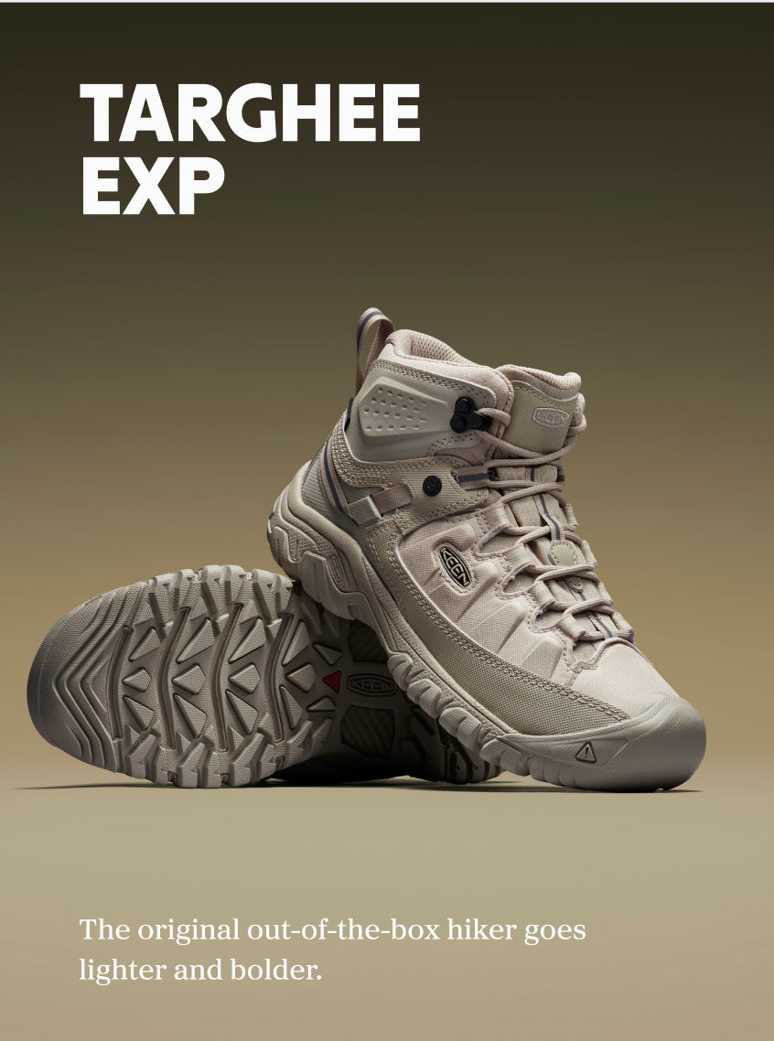 Product shot of Targhee EXP. Text reads "Targhee EXP: The original out-of-the-box hiker goes lighter and bolder."