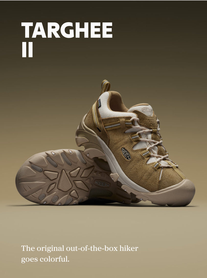  Product shot of Targhee II. Text reads "Targhee II: The original out-of-the-box hiker goes colorful."