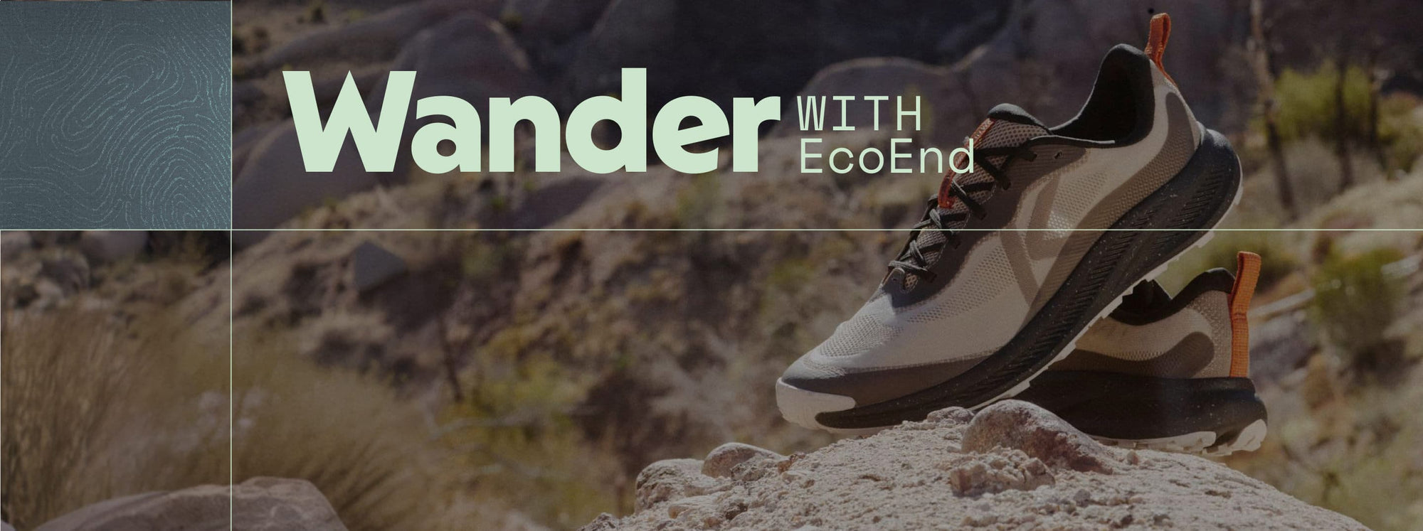 A pair of Wander trail-running shoes in a dessert setting with embedded text reading "Wander WITH EcoEnd"