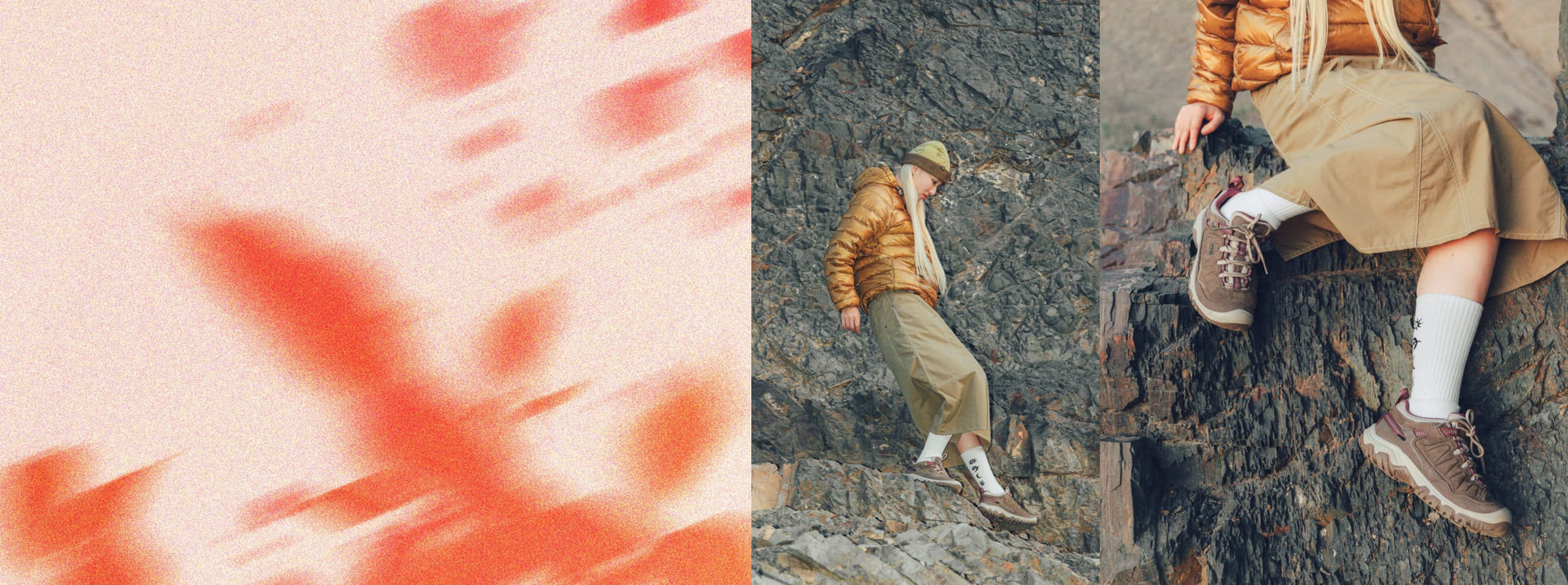 A collage of two photos of a woman in a puffy orange jacket and a long tan skirt wearing new Targhee IV hiking shoes while crossing over lava rock. 