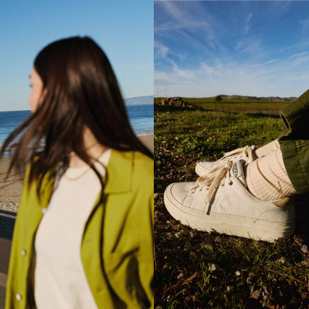 Collage of two photos feature a woman wearing white and tan KM1 leather sneakers in flower field and a blurry portrait of her at the coast. 