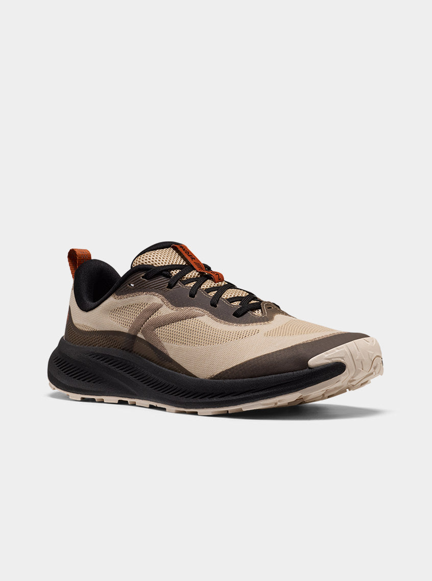 Product shot of men's safari, black and orange Wander trail-running shoe.